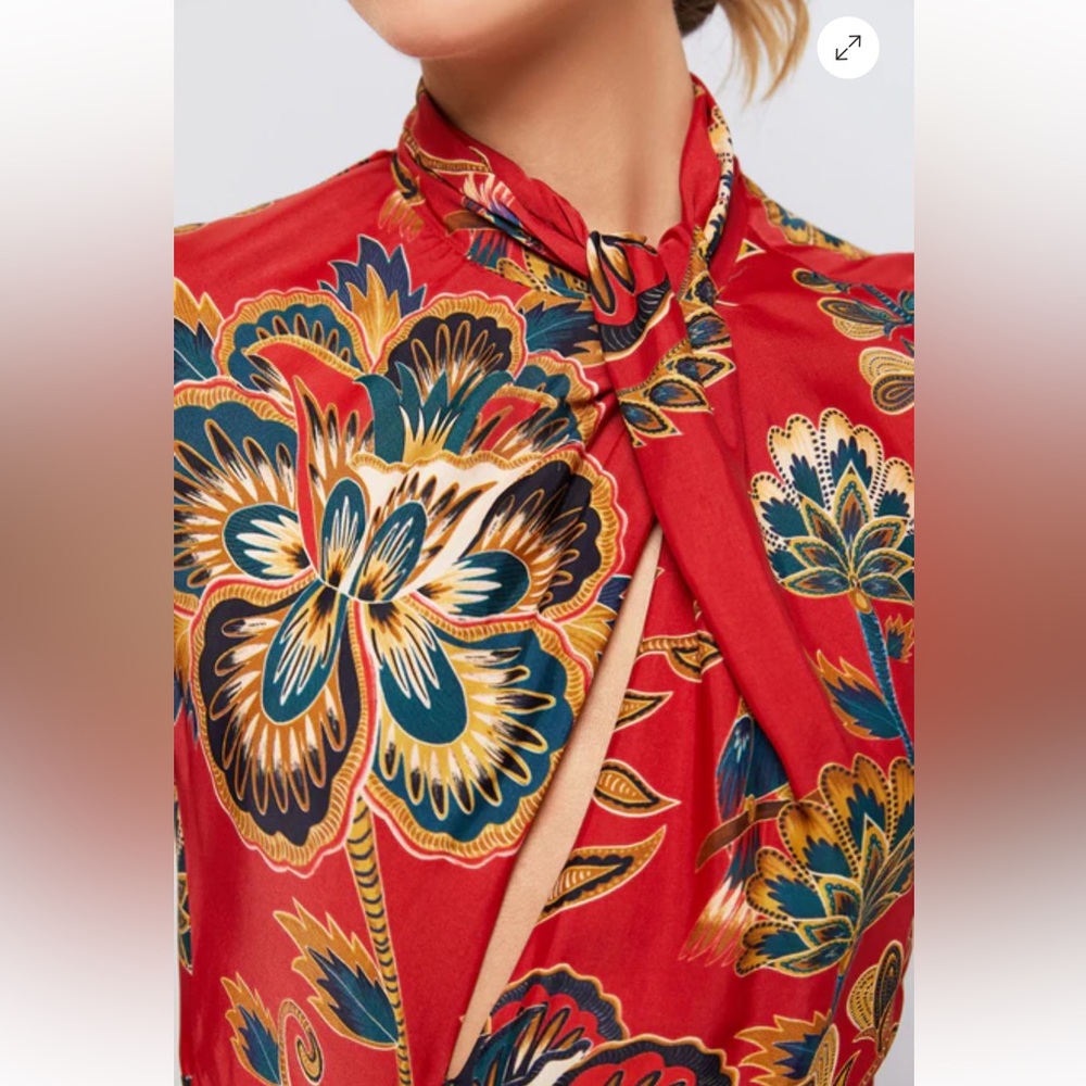 FARM Rio Red Blue Parrot Floral Cutout Midi Dress Long Sleeve Size M - Picture 3 of 16